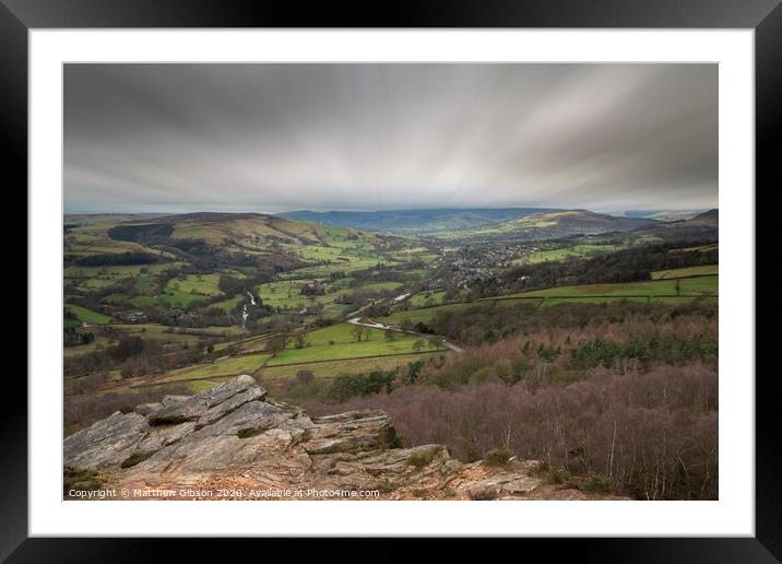 Dramatic moody Winter landscape image of Peak District in England during soft afternoon light Framed Mounted Print by Matthew Gibson