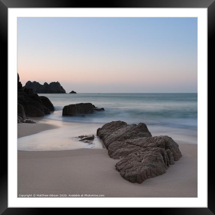Stunning vibrant sunrise landscape image of Porthcurno beach on South Cornwall coast in England Framed Mounted Print by Matthew Gibson