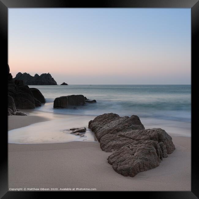 Stunning vibrant sunrise landscape image of Porthcurno beach on South Cornwall coast in England Framed Print by Matthew Gibson