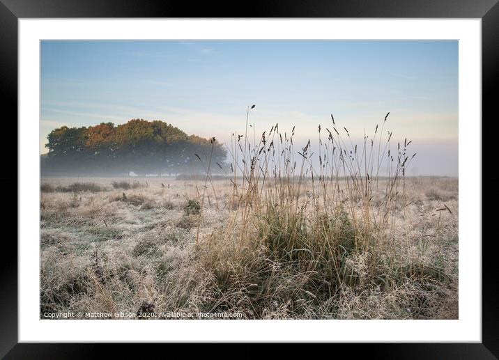 Beautiful Autumn Fall foggy dawn landscape over frost covered field and forest Framed Mounted Print by Matthew Gibson