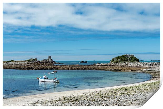 Periglis Bay and moored boat on St Agnes Scillies  Print by Nick Jenkins