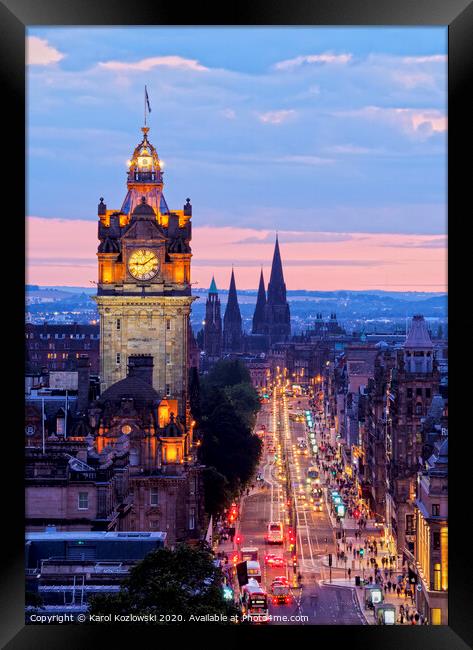 Balmoral Hotel and Princes Street at dusk, Edinburgh Framed Print by Karol Kozlowski