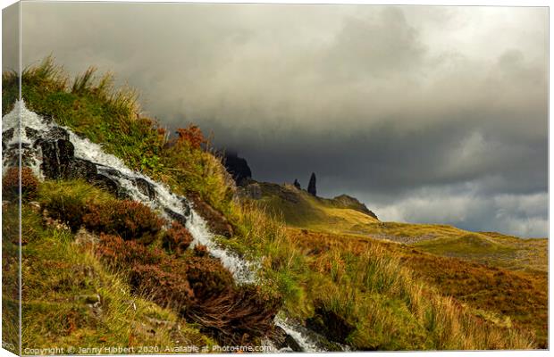 Bride's Veil Falls with Old Man of Storr on the horizon Canvas Print by Jenny Hibbert