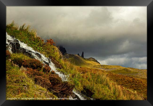 Bride's Veil Falls with Old Man of Storr on the horizon Framed Print by Jenny Hibbert