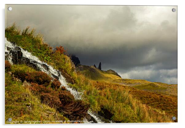 Bride's Veil Falls with Old Man of Storr on the horizon Acrylic by Jenny Hibbert