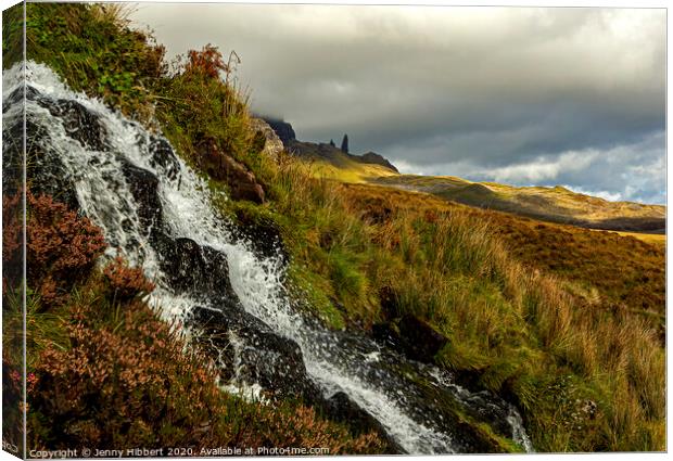 Bride's Veil Falls with Old Man of Storr Canvas Print by Jenny Hibbert