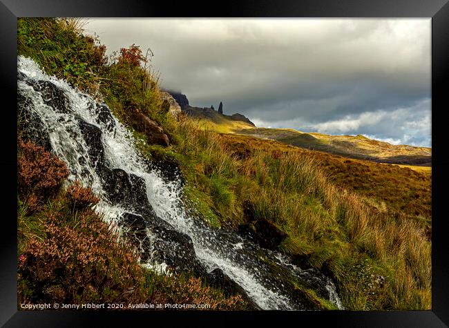 Bride's Veil Falls with Old Man of Storr Framed Print by Jenny Hibbert