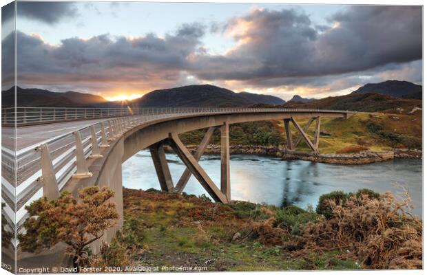 The Kylesku Bridge Sunrise, Highlands, Scotland, U Canvas Print by David Forster