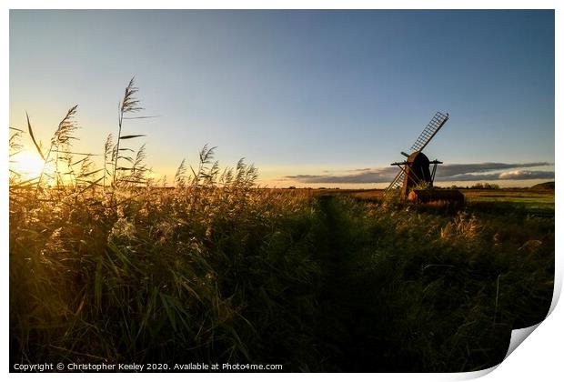 Golden hour at Herringfleet Windmill Print by Christopher Keeley