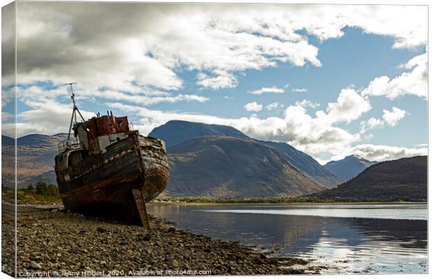 Corpach with  Old boat and Ben Nevis  Canvas Print by Jenny Hibbert