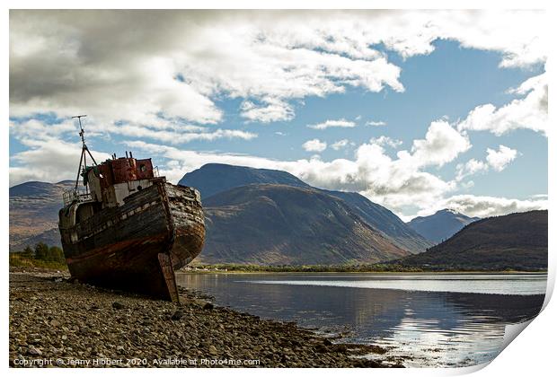 Corpach with  Old boat and Ben Nevis  Print by Jenny Hibbert