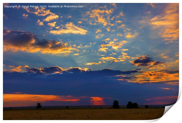 Fiery reddish sunset over a field in a rural evening landscape Print by Sergii Petruk