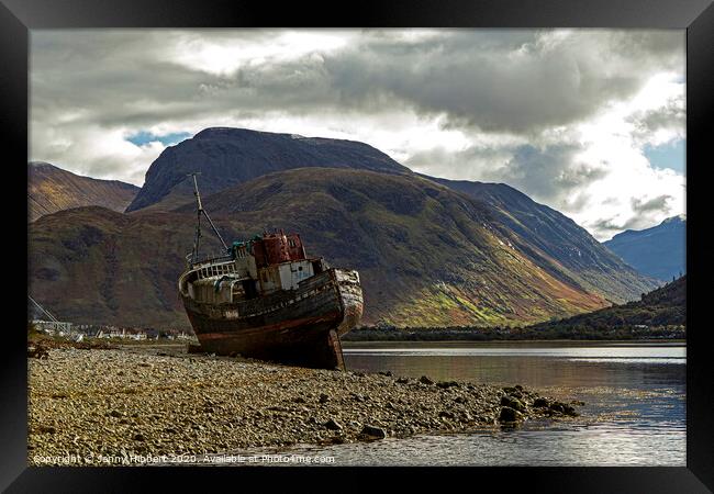 Ben Nevis over looking Corpach and abandoned old boat Framed Print by Jenny Hibbert