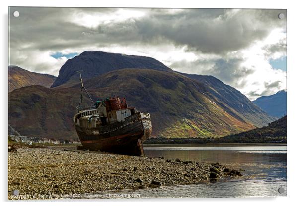 Ben Nevis over looking Corpach and abandoned old boat Acrylic by Jenny Hibbert