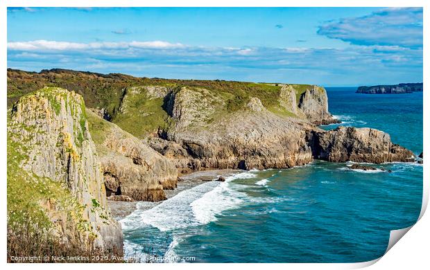 Cliffs at Skrinkle Haven on the Pembrokeshire coas Print by Nick Jenkins