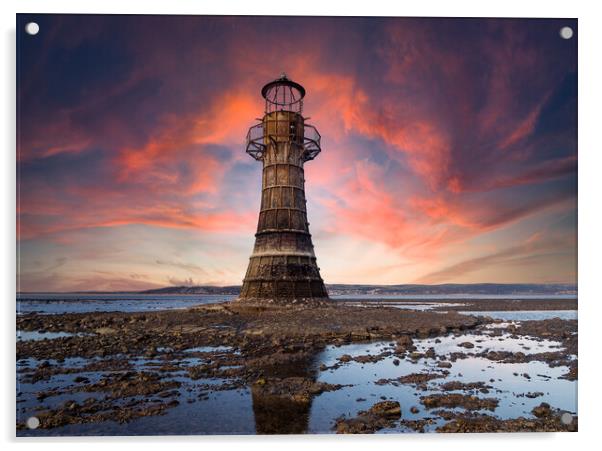 Whiteford Lighthouse at Whiteford Sands. Acrylic by Colin Allen