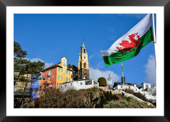 Welsh flag flying at Portmeirion village Framed Mounted Print by Tim Snow