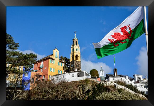 Welsh flag flying at Portmeirion village Framed Print by Tim Snow