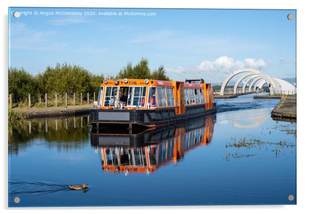 Canal boat leaving Falkirk Wheel behind Acrylic by Angus McComiskey