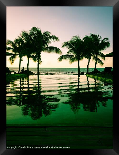 Silohuette person by Infinity pool with a sea view, Mauritius, Indian Ocean Framed Print by Mehul Patel