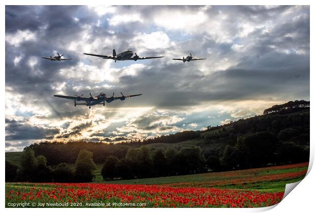 Battle of Britain memorial flight over Poppy Field Print by Joy Newbould