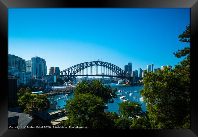 Sydney Harbour cityscape with Harbour Bridge and Central Business District in the distance, Sydney, New South Wales, Australia Framed Print by Mehul Patel