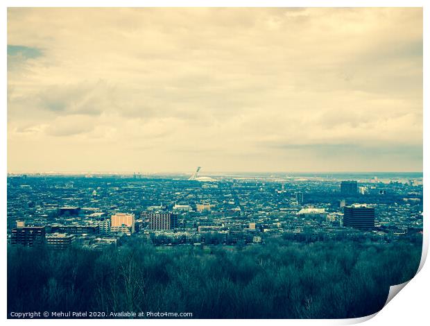 View of the city of Montreal with the Olympic Stadium (centre) in the distance, Montreal, Canada - cross process effect Print by Mehul Patel
