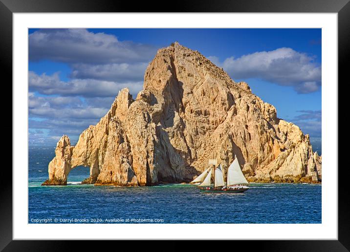 Sailboat Passing Rocks in Cabo San Lucas Framed Mounted Print by Darryl Brooks