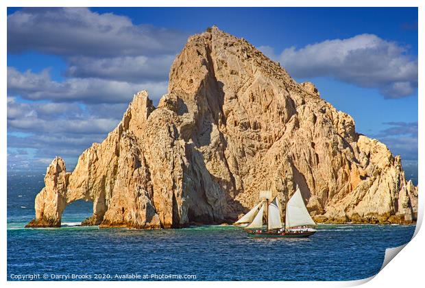 Sailboat Passing Rocks in Cabo San Lucas Print by Darryl Brooks