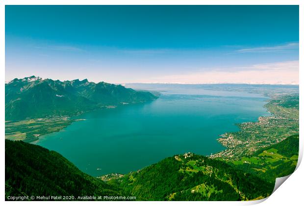 Viewpoint from Rochers-de-Naye overlooking Lake Geneva and town of Montreux, Switzerland Print by Mehul Patel