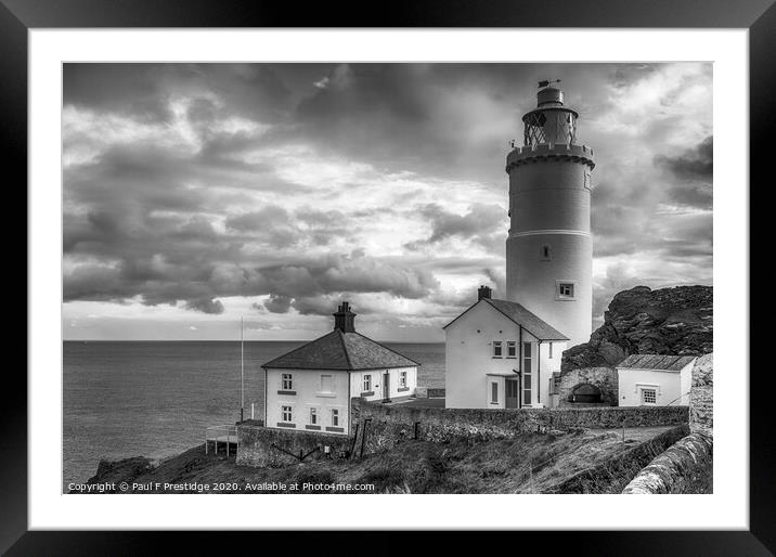 Start Point Lighthouse and Buildings Monochrome Framed Mounted Print by Paul F Prestidge