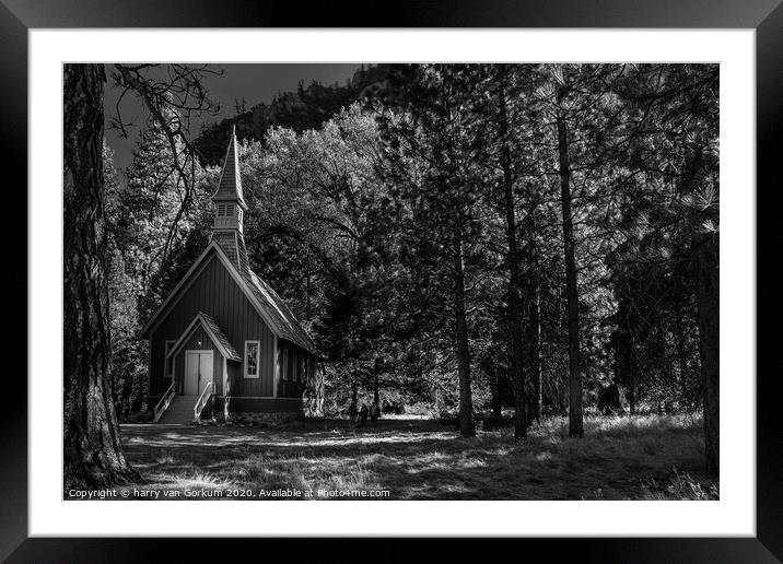 Yosemite Chapel in black and white Framed Mounted Print by harry van Gorkum