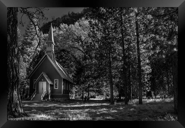 Yosemite Chapel in black and white Framed Print by harry van Gorkum
