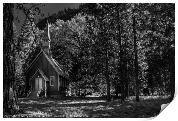 Yosemite Chapel in black and white Print by harry van Gorkum
