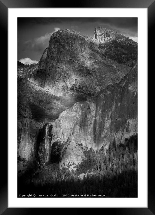 Bridalveil Falls Yosemite in black and white Framed Mounted Print by harry van Gorkum