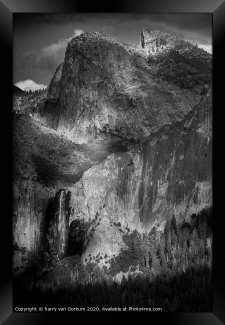Bridalveil Falls Yosemite in black and white Framed Print by harry van Gorkum