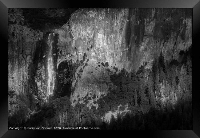 Bridalveil Fall, Yosemite in black and white Framed Print by harry van Gorkum