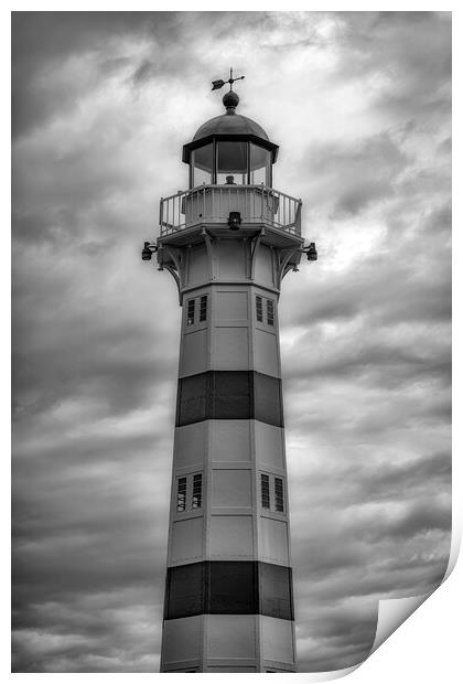 Malmo Harbour Lighthouse in Black and White Print by Antony McAulay