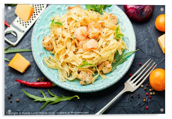 Plate of pasta with shrimps Acrylic by Mykola Lunov Mykola