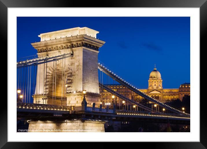 Chain Bridge and Buda Castle at Night in Budapest Framed Mounted Print by Artur Bogacki
