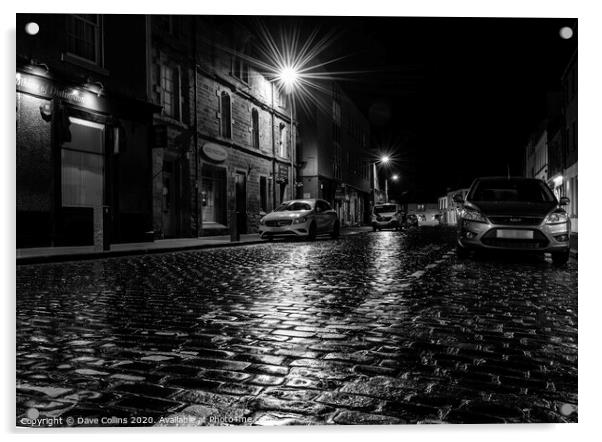 Rain soaked cobbled street at night, Kelso, Scotla Acrylic by Dave Collins