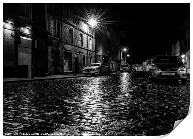 Rain soaked cobbled street at night, Kelso, Scotla Print by Dave Collins