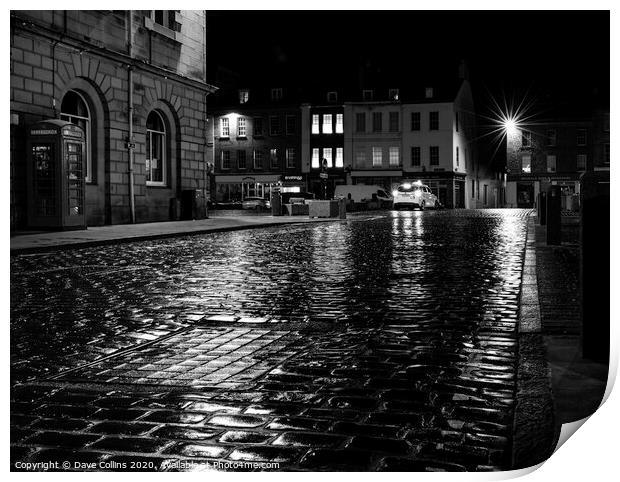 Rain soaked cobbled street at night, Kelso, Scotla Print by Dave Collins