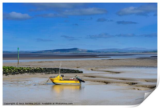 Morecambe Bay and yellow boat  in Lancashire  Print by Nick Jenkins