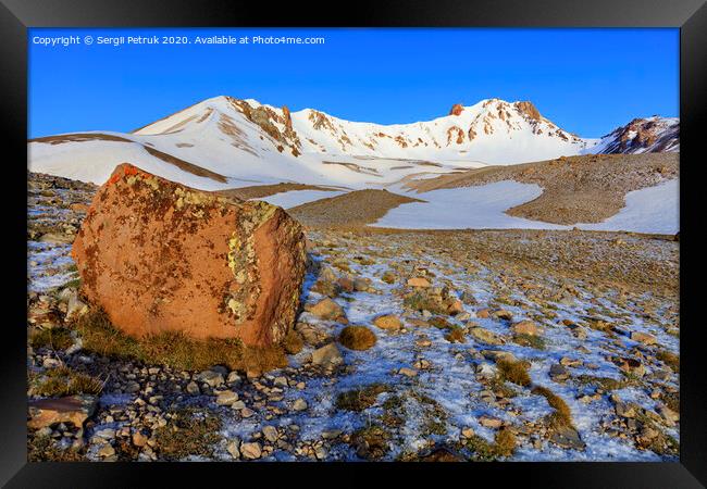 A large boulder in defocus on the way to the top of Mount Erciyes in central Anatolia, Turkey. Framed Print by Sergii Petruk