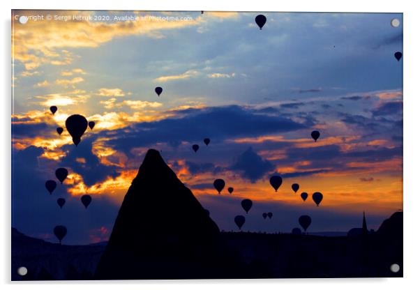 Attraction dozens of balloons climbed into the night sky above the conical peaks of the rocks in Cappadocia Acrylic by Sergii Petruk