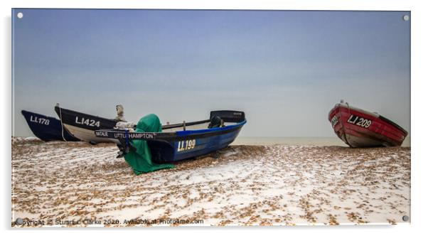 Fishing boats in the snow Acrylic by Stuart C Clarke