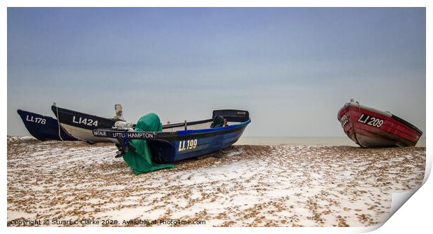 Fishing boats in the snow Print by Stuart C Clarke