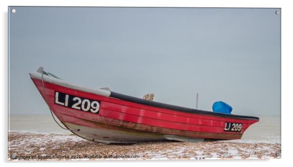 Red fishing boat in the snow Acrylic by Stuart C Clarke