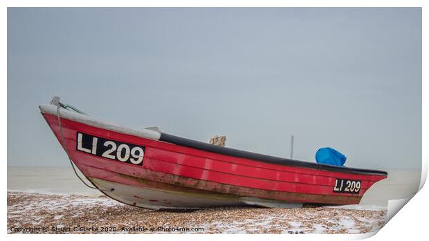 Red fishing boat in the snow Print by Stuart C Clarke